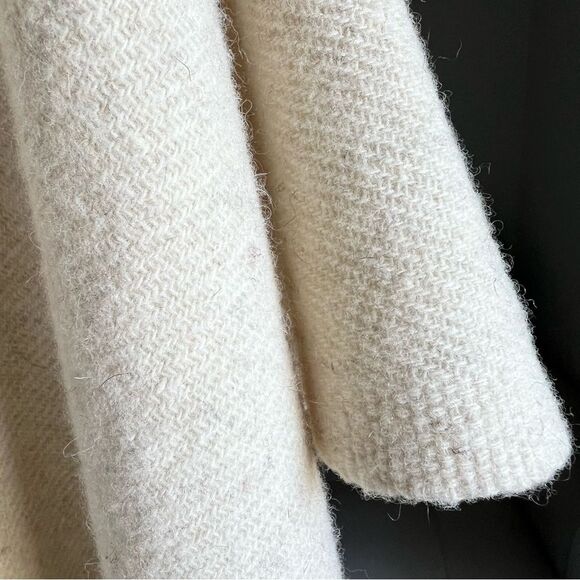 Pure Wool Boho Poncho Sweater Scarf Wrap Wooden Buttons Oatmeal Cream Fringe XL - Picture 6 of 15